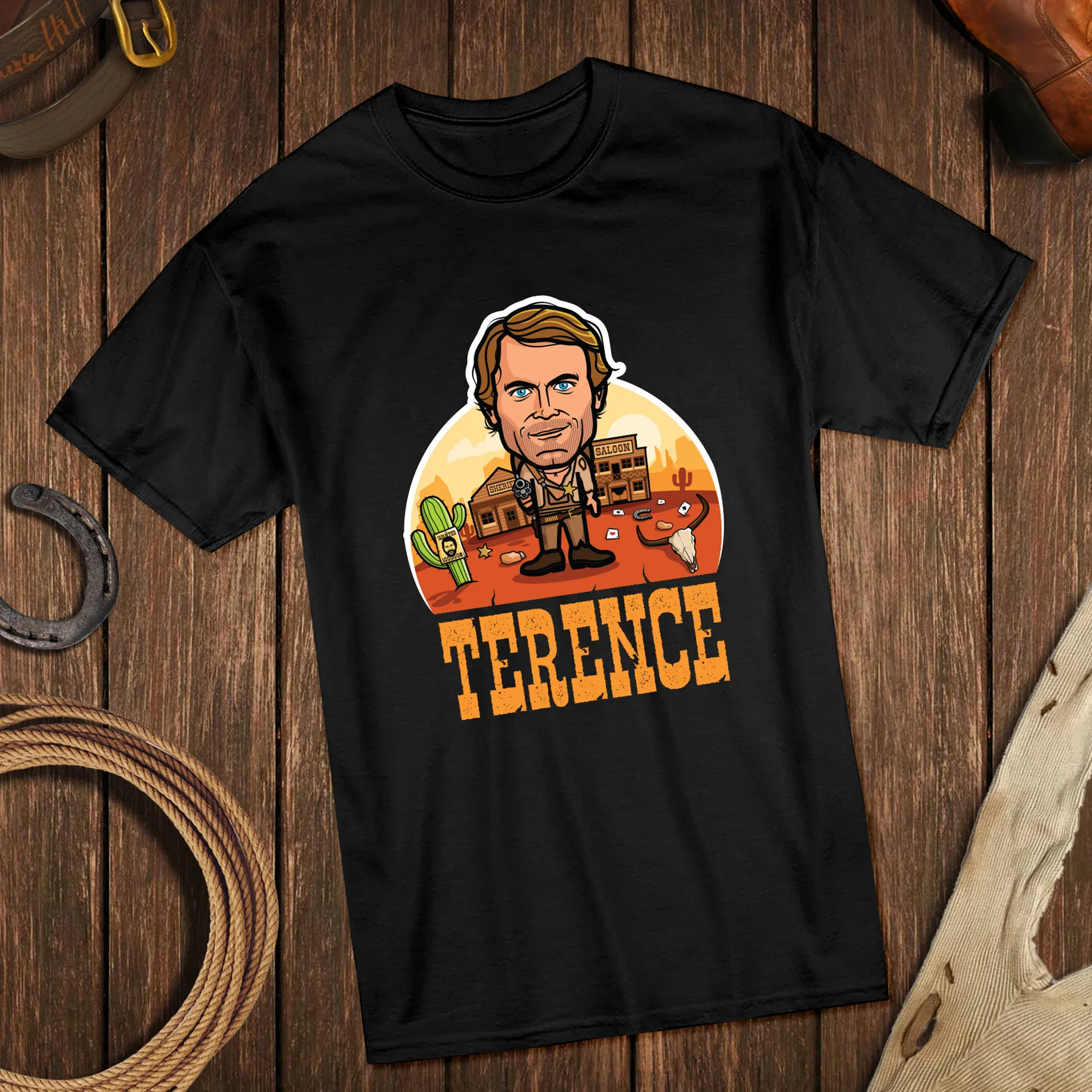 Terence Hill character illustration on black t-shirt