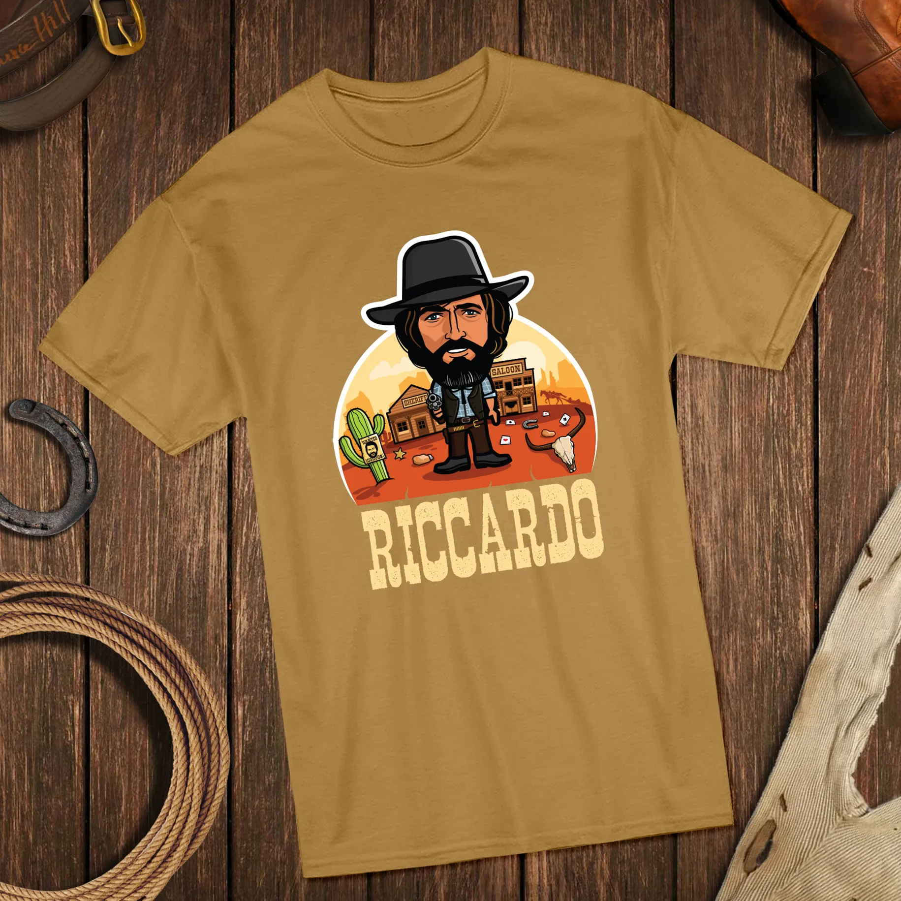 Meine Helden character illustration on brown t-shirt
